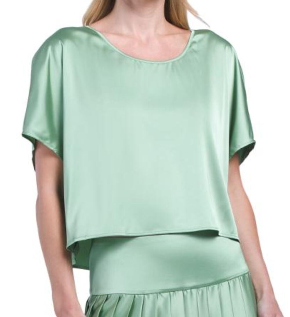AS by DF Sage Green Satin Short Sleeve Blouse Round Neck Size XS